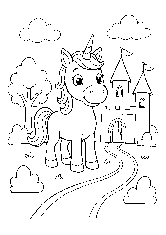 Einhorn vor dem Schloss Ausmalbild zum Ausdrucken