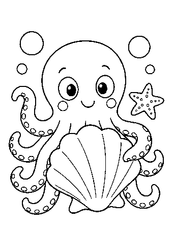 Oktopus mit Muschel Ausmalbild zum Ausdrucken